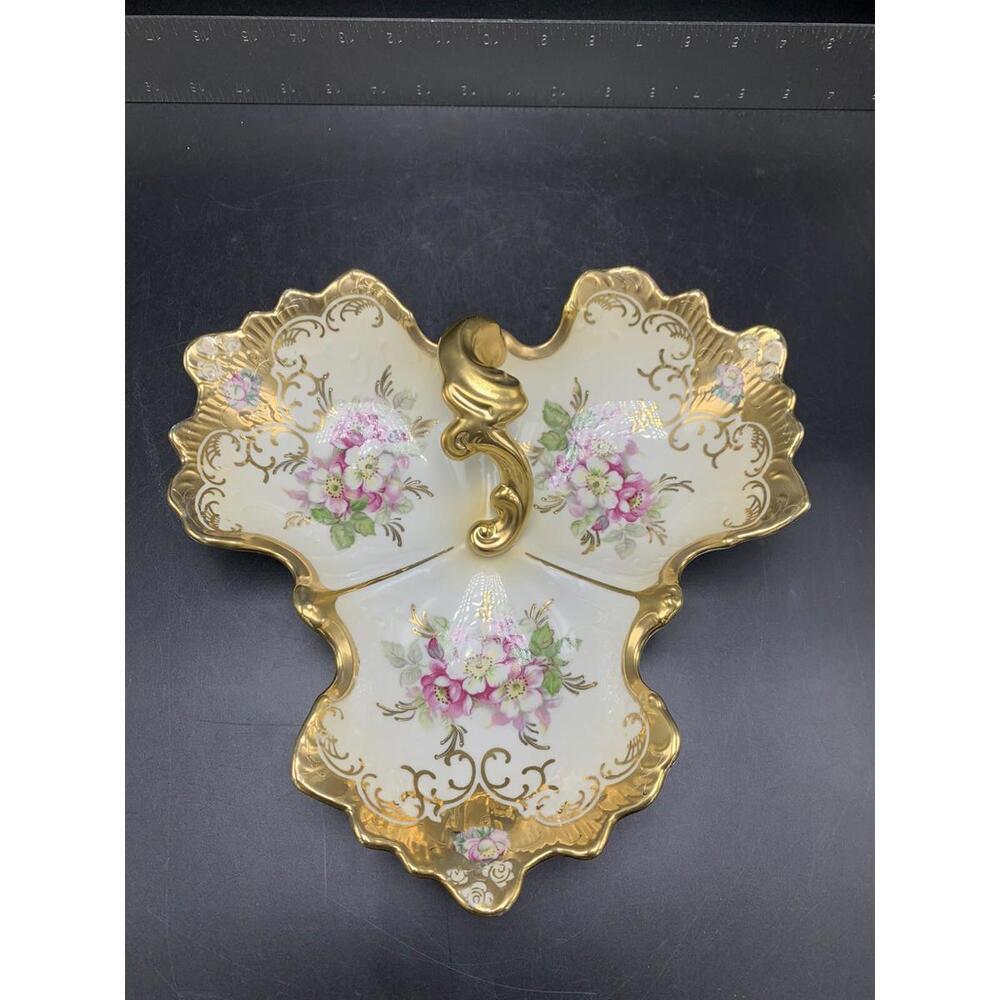 Royal Crown Derby Hand Painted Antique Handled Divided Serving Relish Dish